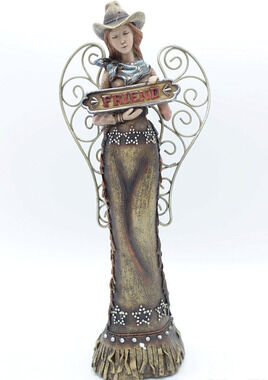 NIB Western Cowgirl Angel w 'Friend' Sign Figurine Statue Hand Painted Rustic
